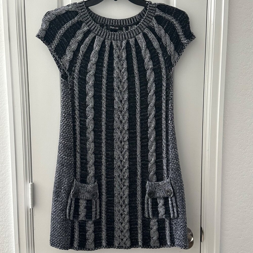 Style & Co Womens Gray & Black Cable Knit Sweater Dress M